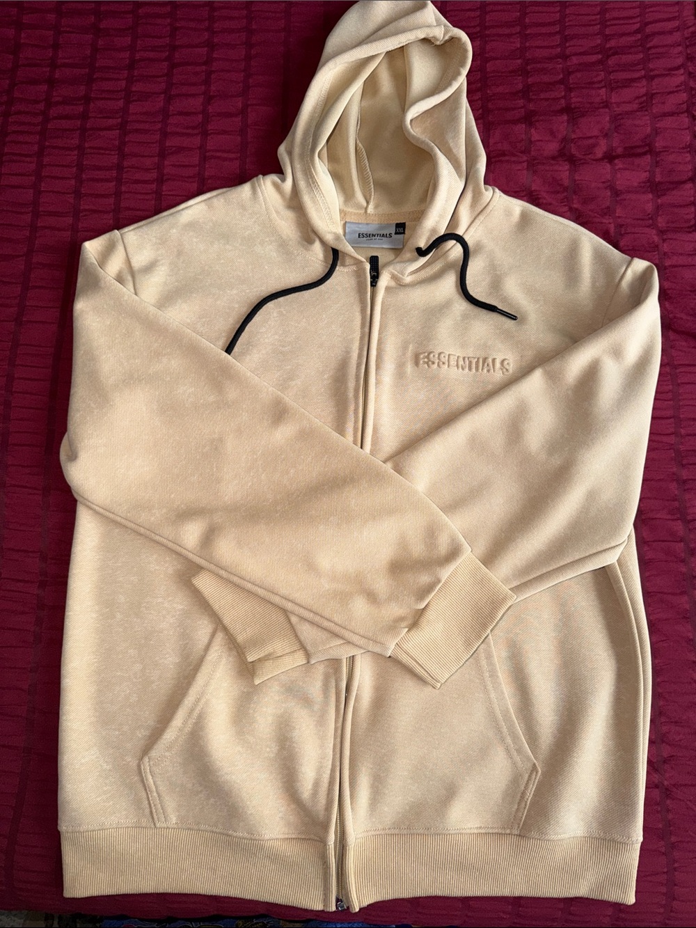 ESSENTIALS Beige Zip-Up Hoodie with Black Drawstrings